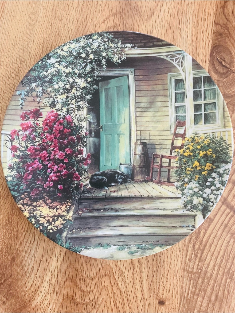 Decorative Round Wall Plaque with Teal Door Cottage Scene